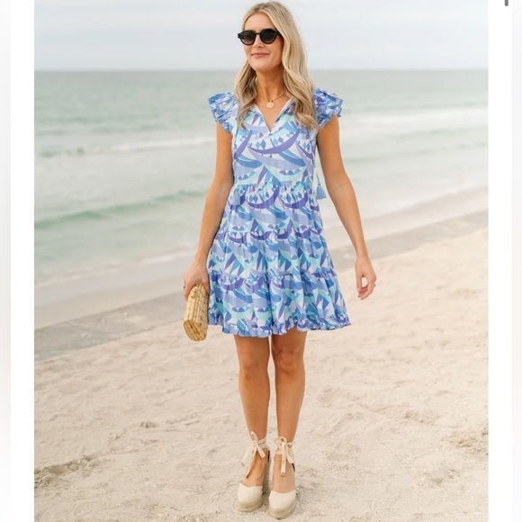 Sail To Sable Size XXL Poppy Ruffle Neck Tiered Dress Blue Multi NWT $268